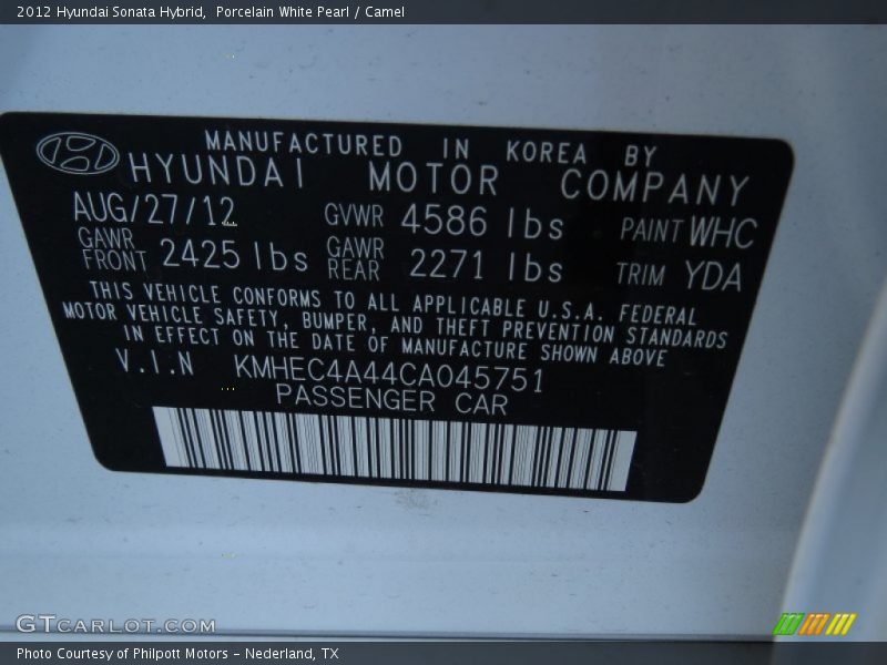 Porcelain White Pearl / Camel 2012 Hyundai Sonata Hybrid