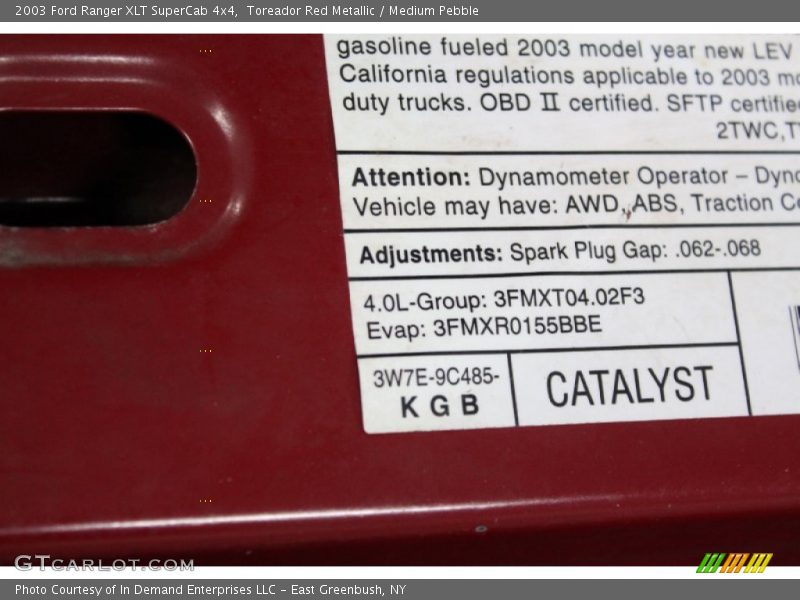 Info Tag of 2003 Ranger XLT SuperCab 4x4