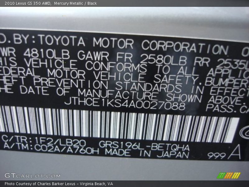 Mercury Metallic / Black 2010 Lexus GS 350 AWD