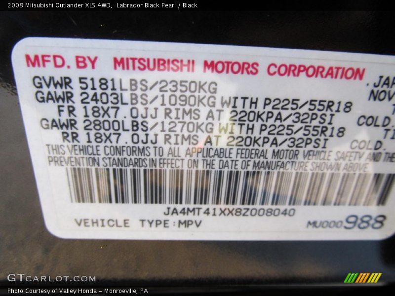 Labrador Black Pearl / Black 2008 Mitsubishi Outlander XLS 4WD