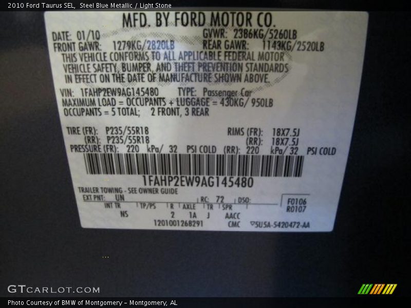 Steel Blue Metallic / Light Stone 2010 Ford Taurus SEL