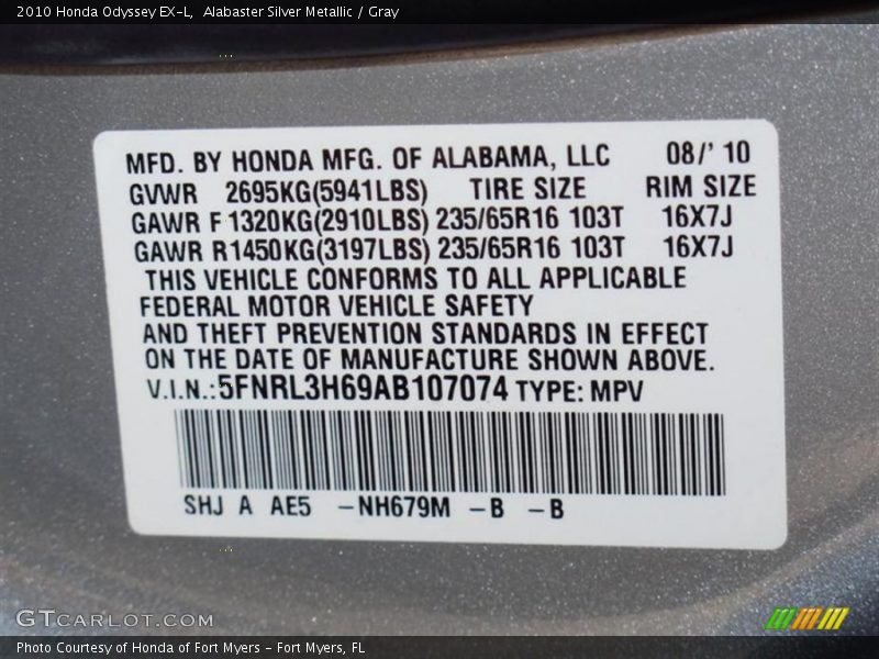 Alabaster Silver Metallic / Gray 2010 Honda Odyssey EX-L