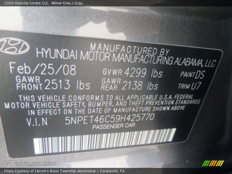 Willow Gray / Gray 2009 Hyundai Sonata GLS
