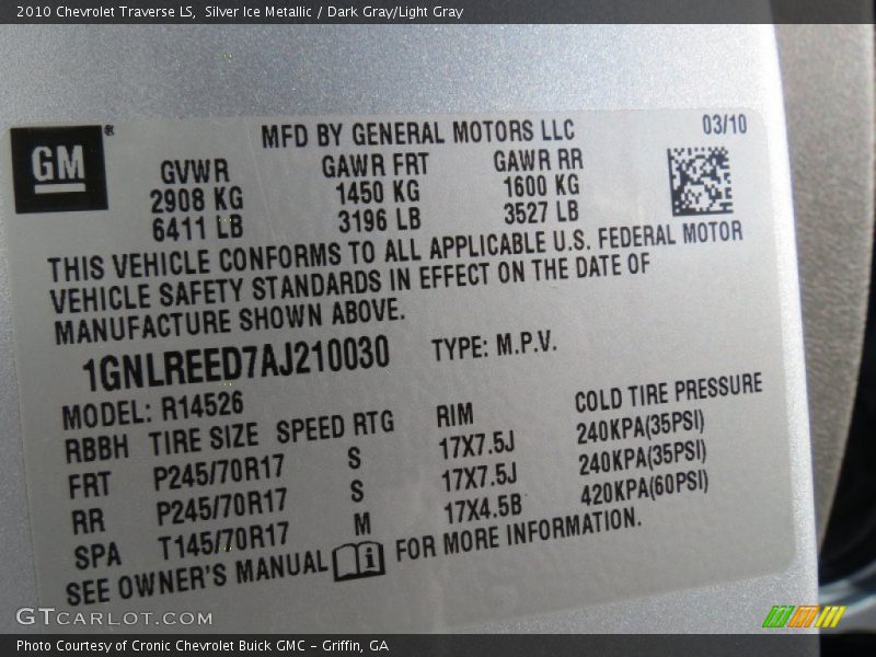 Silver Ice Metallic / Dark Gray/Light Gray 2010 Chevrolet Traverse LS