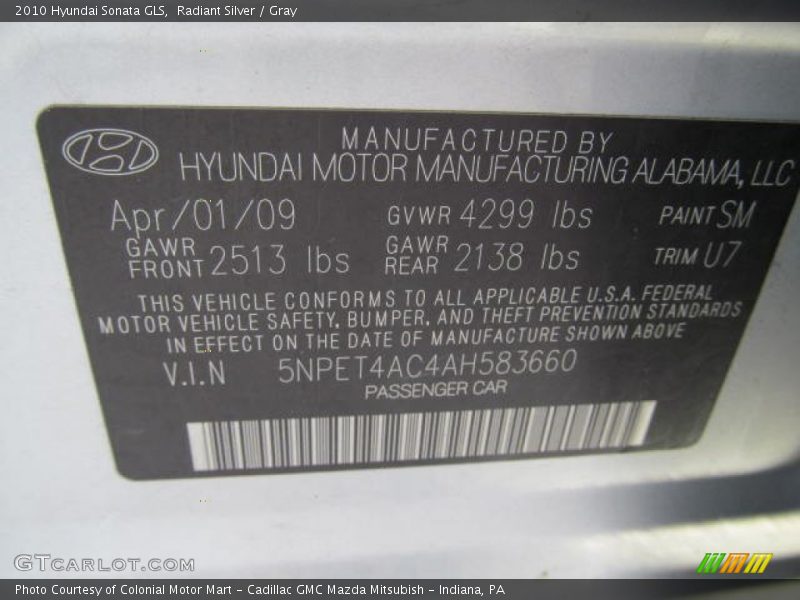 Radiant Silver / Gray 2010 Hyundai Sonata GLS