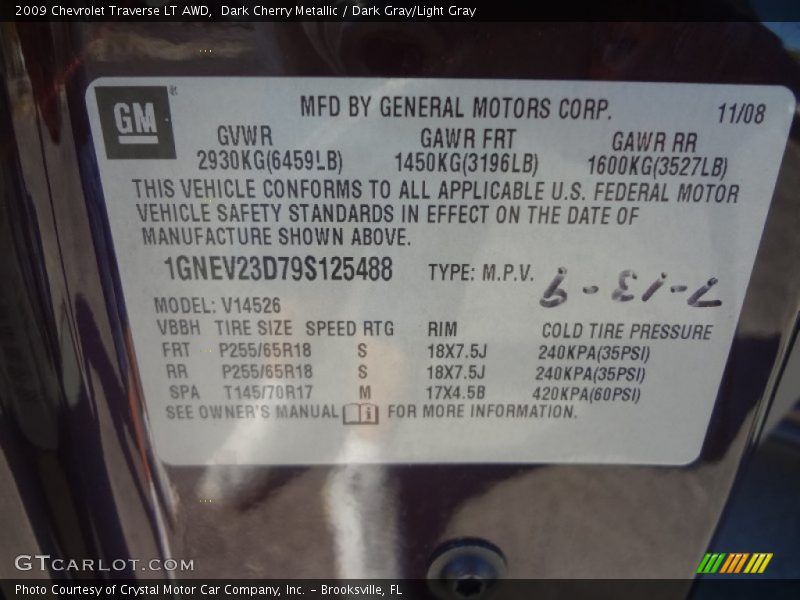Dark Cherry Metallic / Dark Gray/Light Gray 2009 Chevrolet Traverse LT AWD