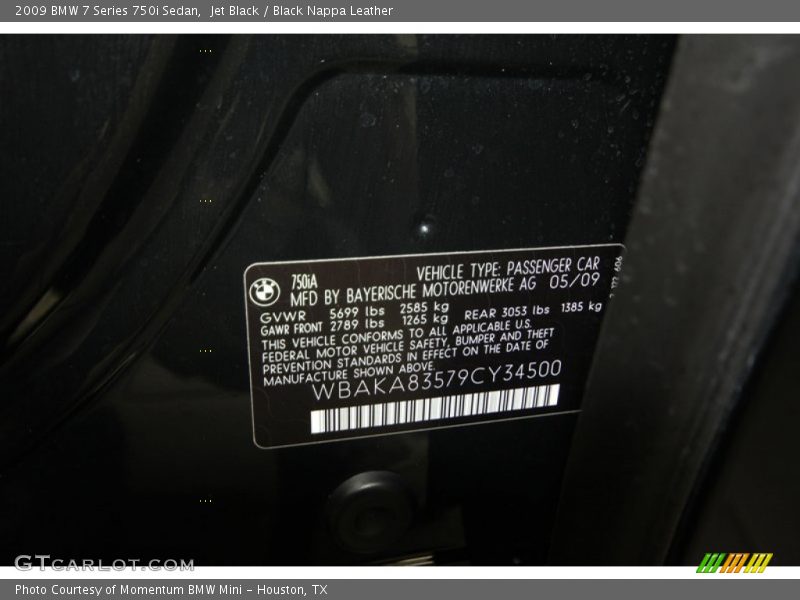 Jet Black / Black Nappa Leather 2009 BMW 7 Series 750i Sedan