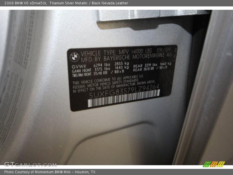 Titanium Silver Metallic / Black Nevada Leather 2009 BMW X6 xDrive50i