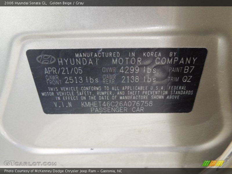Golden Beige / Gray 2006 Hyundai Sonata GL