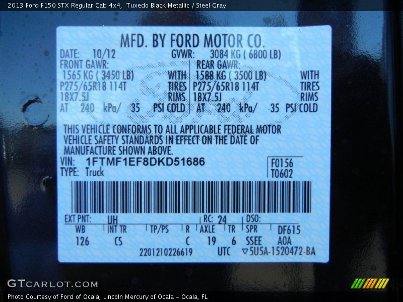 2013 F150 STX Regular Cab 4x4 Tuxedo Black Metallic Color Code UH