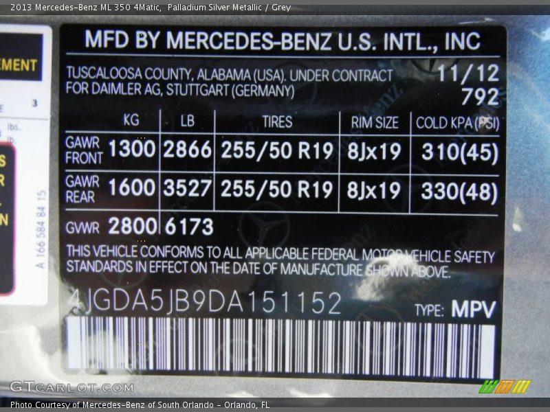 Palladium Silver Metallic / Grey 2013 Mercedes-Benz ML 350 4Matic