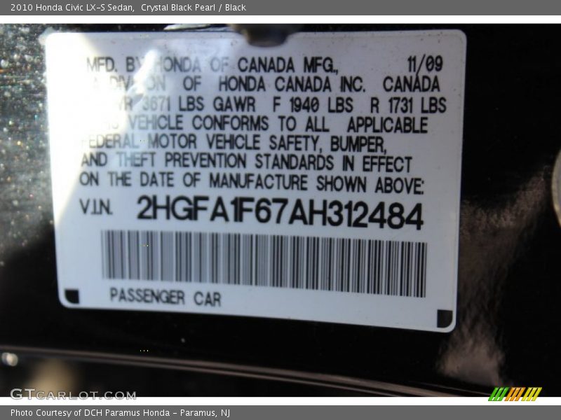 Crystal Black Pearl / Black 2010 Honda Civic LX-S Sedan