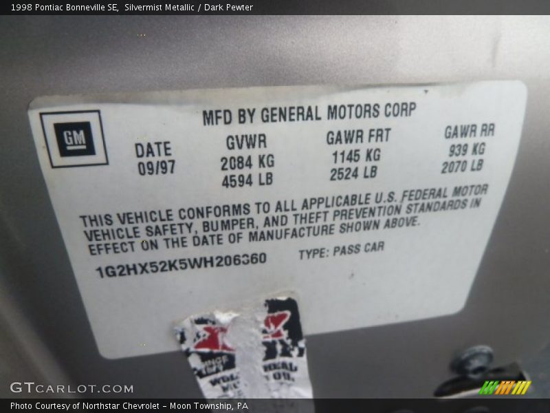 Silvermist Metallic / Dark Pewter 1998 Pontiac Bonneville SE