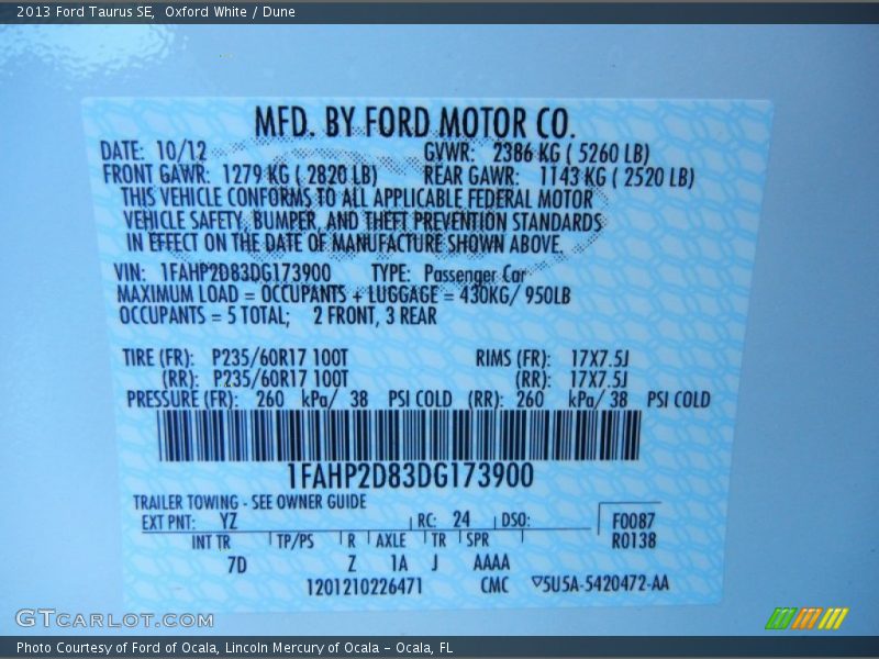 2013 Taurus SE Oxford White Color Code YZ