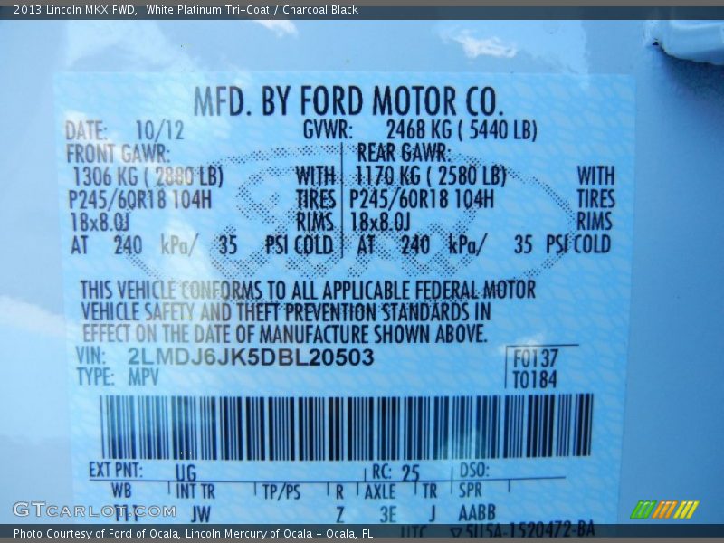 White Platinum Tri-Coat / Charcoal Black 2013 Lincoln MKX FWD