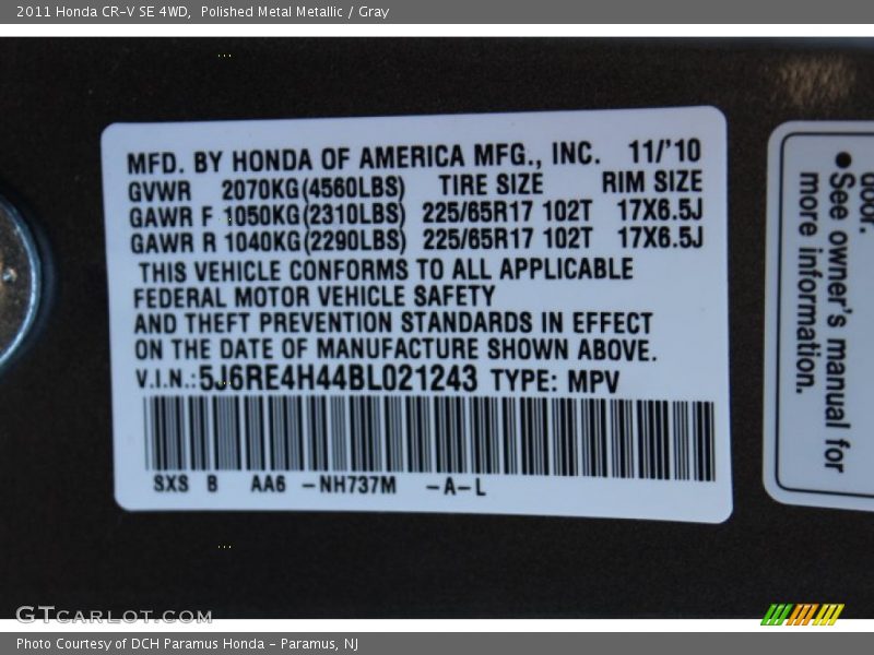 Polished Metal Metallic / Gray 2011 Honda CR-V SE 4WD