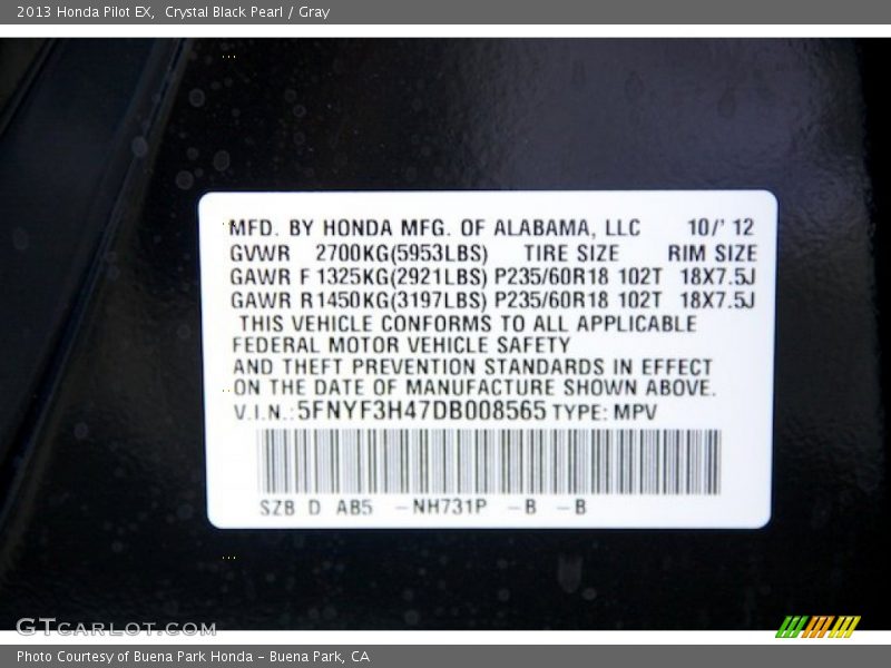 2013 Pilot EX Crystal Black Pearl Color Code NH731P