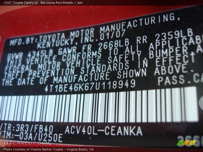 Barcelona Red Metallic / Ash 2007 Toyota Camry LE