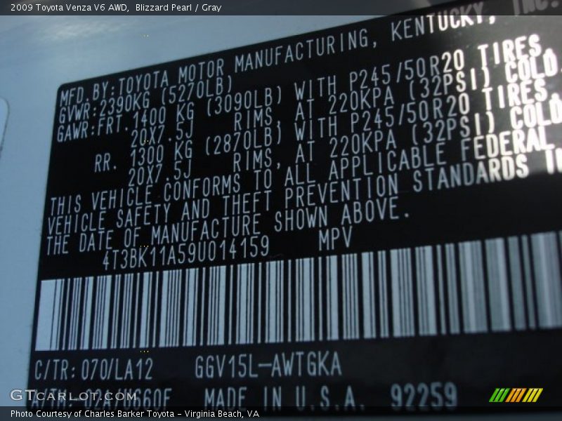 Blizzard Pearl / Gray 2009 Toyota Venza V6 AWD
