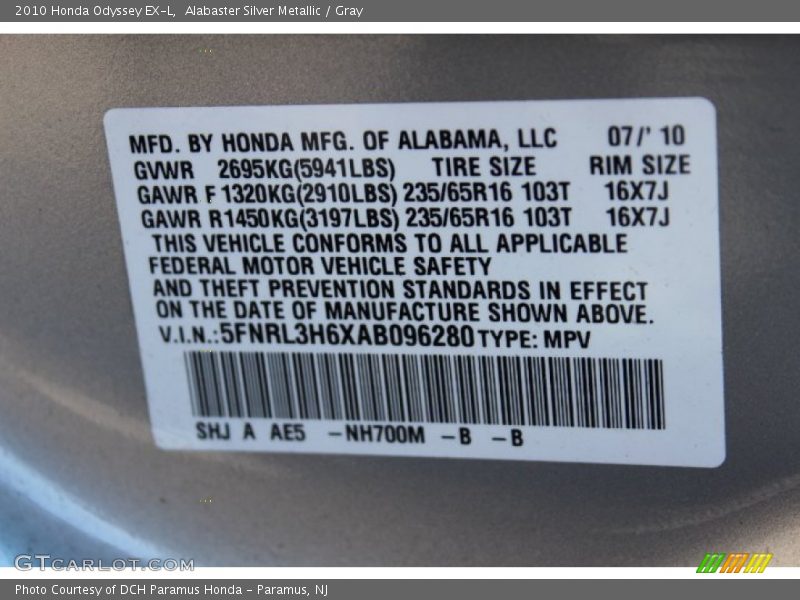 Alabaster Silver Metallic / Gray 2010 Honda Odyssey EX-L