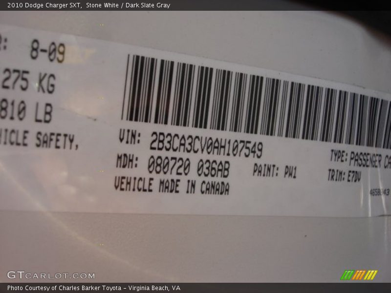 Stone White / Dark Slate Gray 2010 Dodge Charger SXT