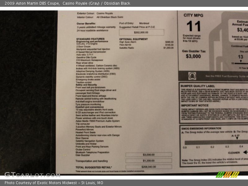  2009 DBS Coupe Window Sticker