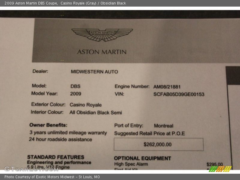  2009 DBS Coupe Window Sticker