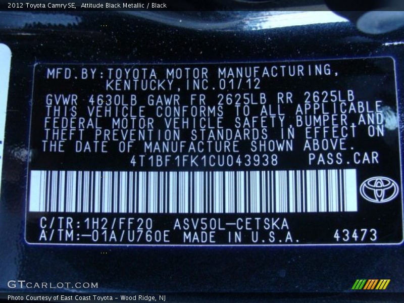 Attitude Black Metallic / Black 2012 Toyota Camry SE
