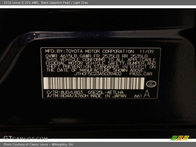 Black Sapphire Pearl / Light Gray 2010 Lexus IS 250 AWD