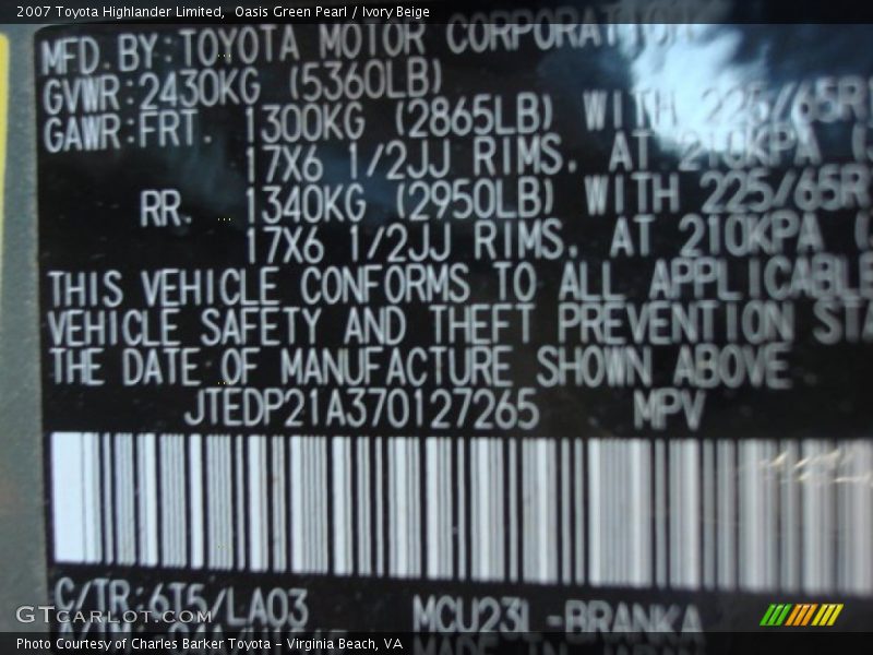 2007 Highlander Limited Oasis Green Pearl Color Code 6T5