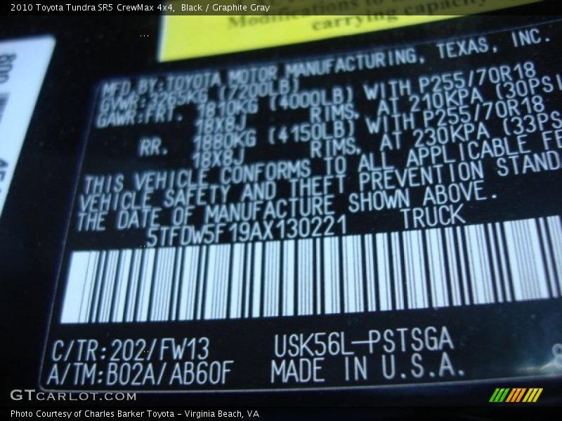 Black / Graphite Gray 2010 Toyota Tundra SR5 CrewMax 4x4