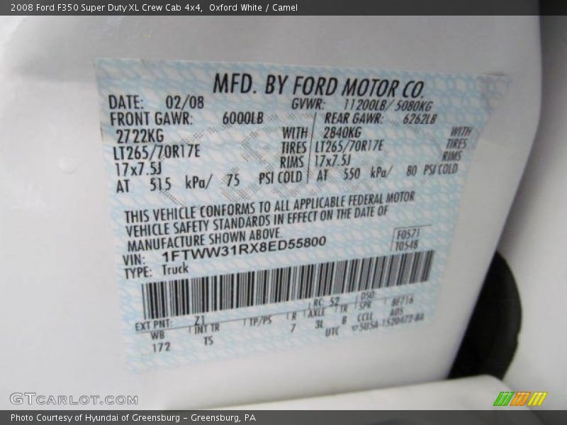 2008 F350 Super Duty XL Crew Cab 4x4 Oxford White Color Code Z1
