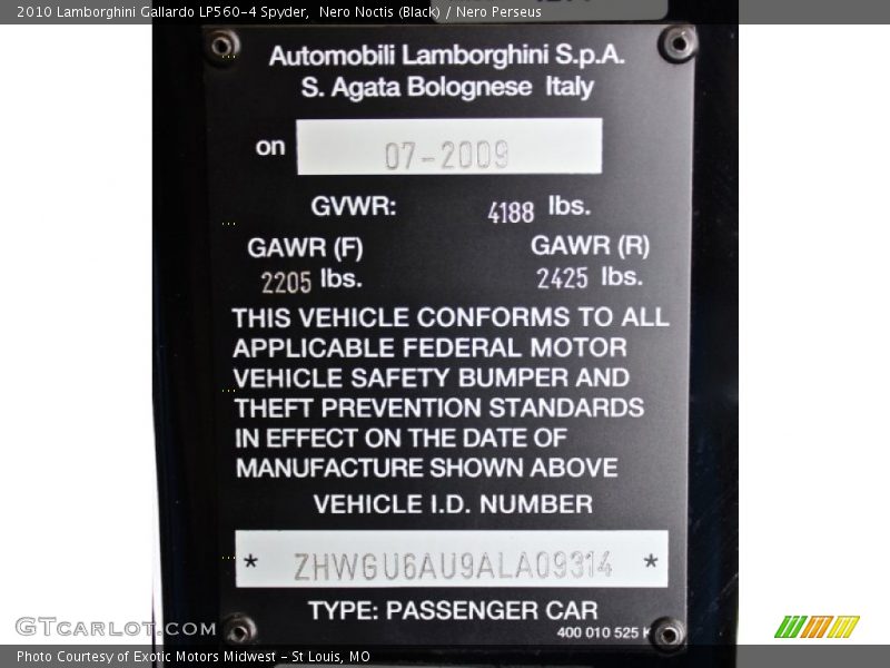 Info Tag of 2010 Gallardo LP560-4 Spyder