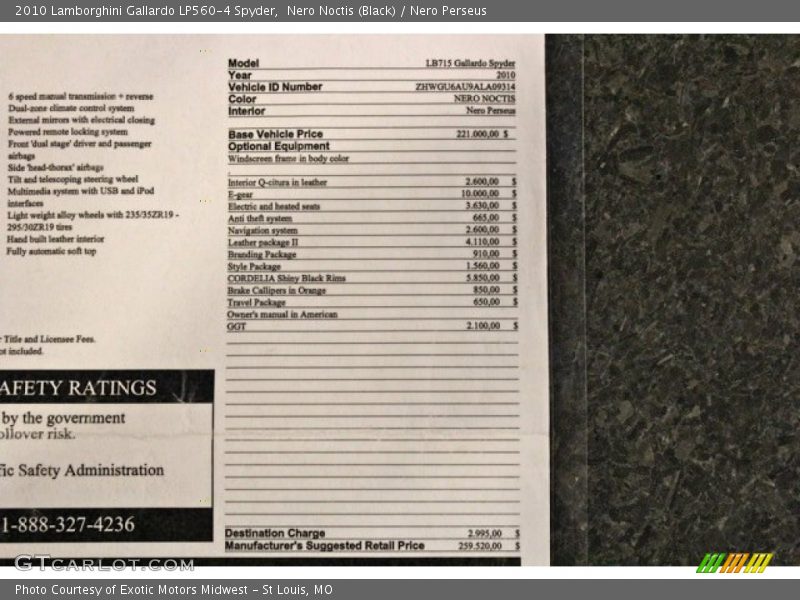  2010 Gallardo LP560-4 Spyder Window Sticker