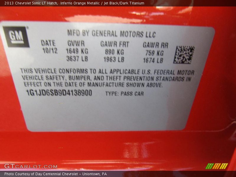 Inferno Orange Metallic / Jet Black/Dark Titanium 2013 Chevrolet Sonic LT Hatch
