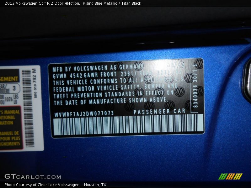 Info Tag of 2013 Golf R 2 Door 4Motion