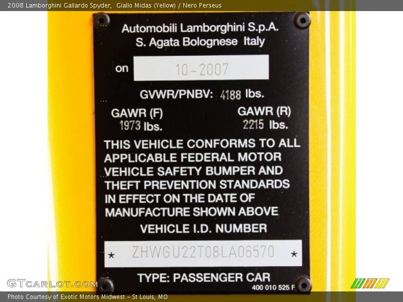 Info Tag of 2008 Gallardo Spyder