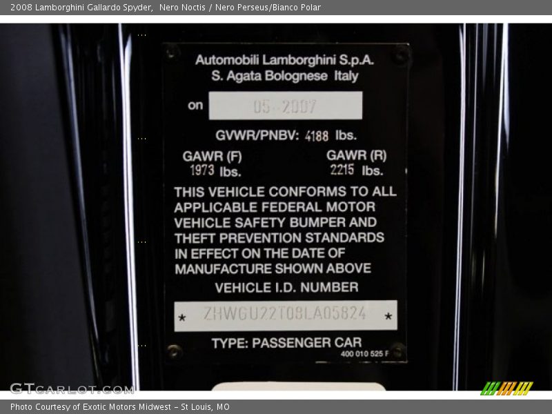 Info Tag of 2008 Gallardo Spyder