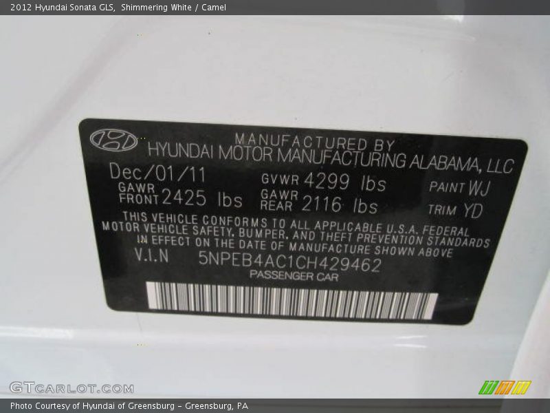 Shimmering White / Camel 2012 Hyundai Sonata GLS