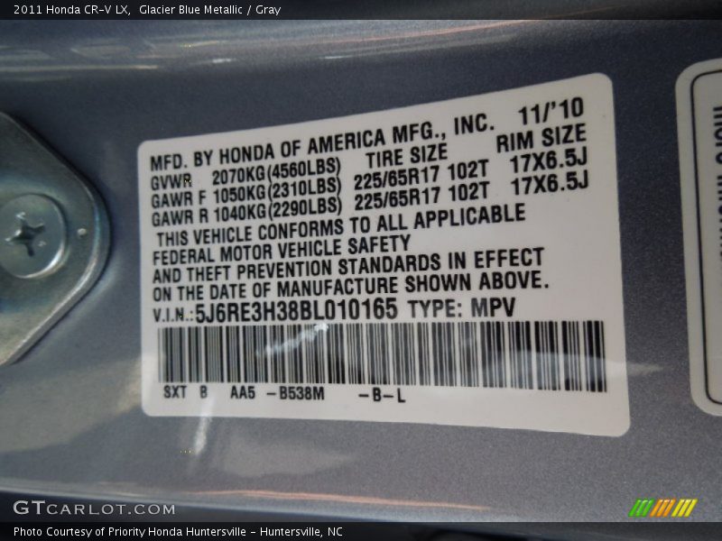 Glacier Blue Metallic / Gray 2011 Honda CR-V LX