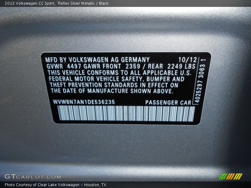 Reflex Silver Metallic / Black 2013 Volkswagen CC Sport