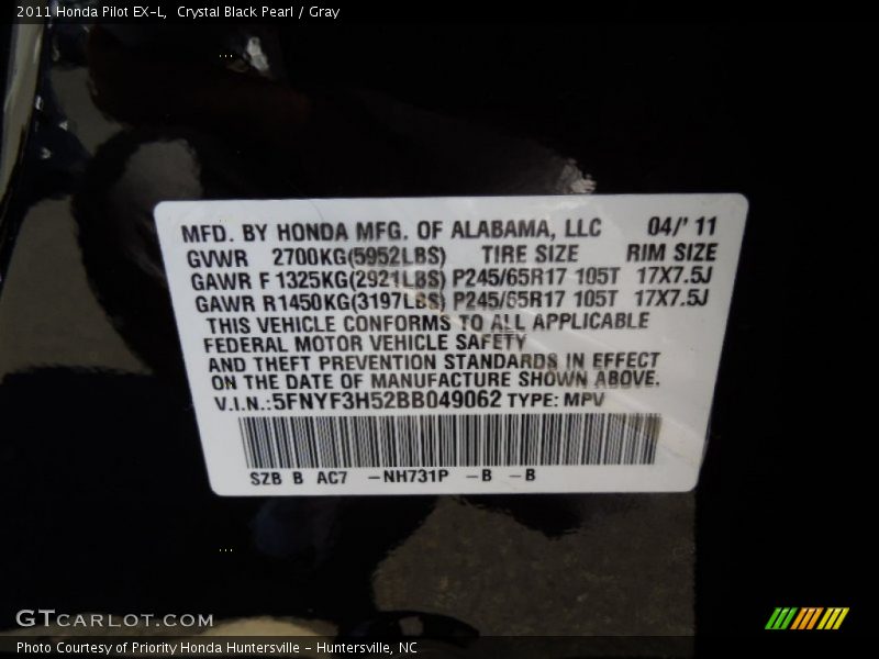 Crystal Black Pearl / Gray 2011 Honda Pilot EX-L