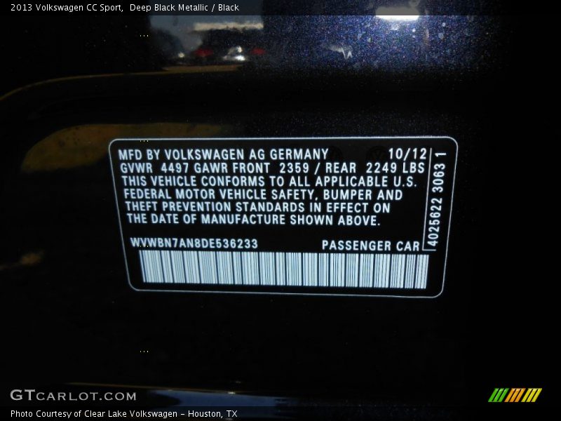 Deep Black Metallic / Black 2013 Volkswagen CC Sport