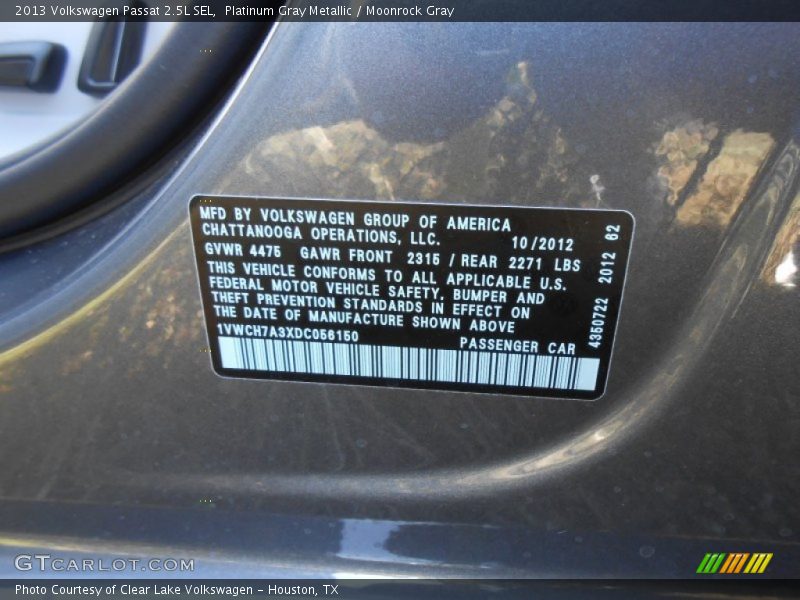 Platinum Gray Metallic / Moonrock Gray 2013 Volkswagen Passat 2.5L SEL