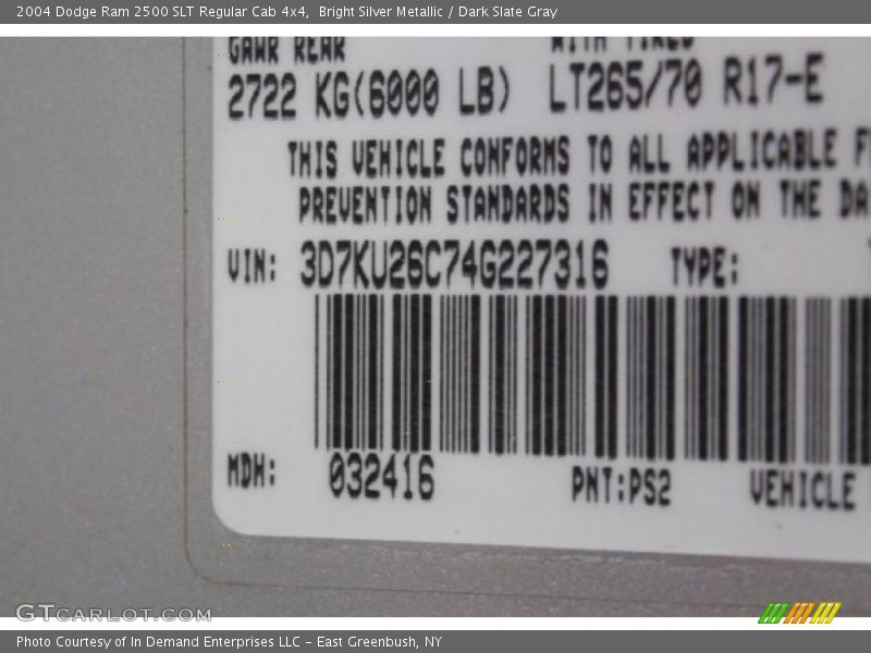 2004 Ram 2500 SLT Regular Cab 4x4 Bright Silver Metallic Color Code PS2