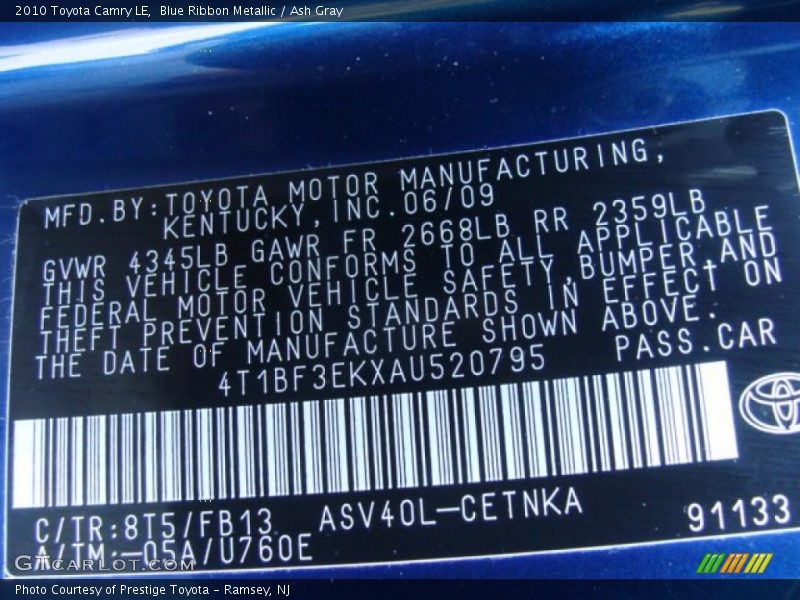 Blue Ribbon Metallic / Ash Gray 2010 Toyota Camry LE