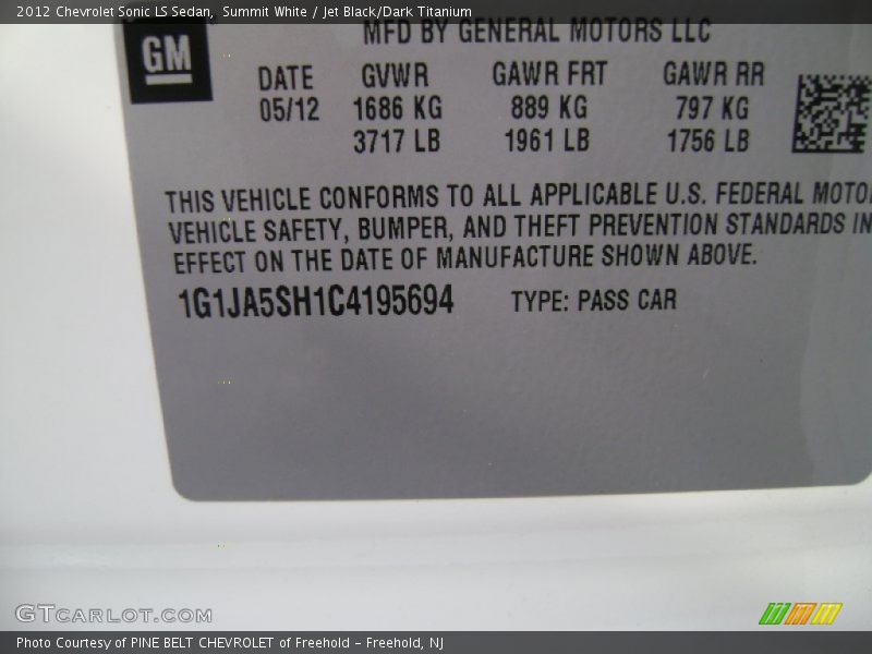 Summit White / Jet Black/Dark Titanium 2012 Chevrolet Sonic LS Sedan