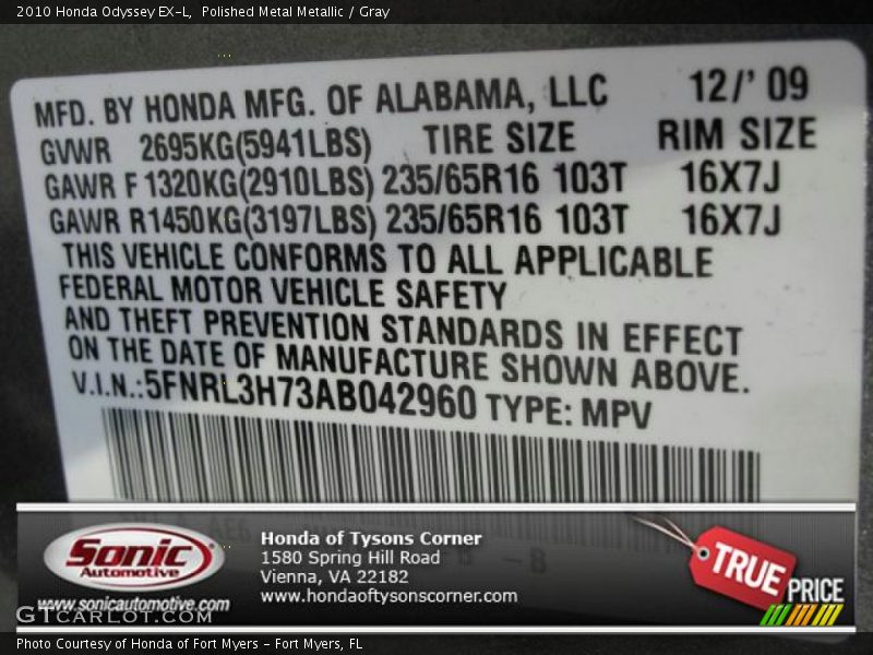 Polished Metal Metallic / Gray 2010 Honda Odyssey EX-L