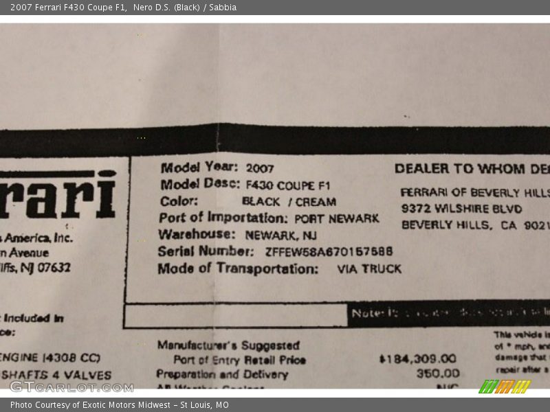  2007 F430 Coupe F1 Window Sticker