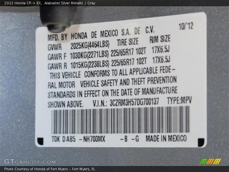 Alabaster Silver Metallic / Gray 2013 Honda CR-V EX
